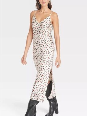 a new day Ivory Floral Satin Slip Maxi Dress with Red Rose Print XL Side Slit